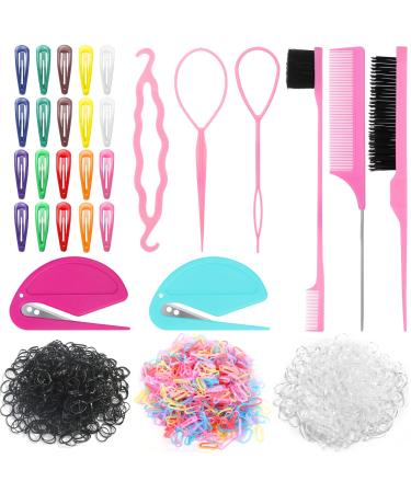 Comkrivy 1500 Pcs Small Rubber Bands for Hair  Mini Hair Ties with Rubber Band Cutter  Topsy Tail Hair Tools  and So On 28 Pcs Kinds of Styling Hair Tools  for Girls Women Kids. (Clear&Black&Colorful)