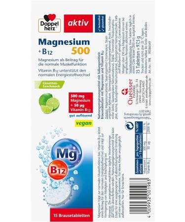 Double Heart Magnesium 500 + B12 - Vegan Effervescent Tablets for Muscle Function - Lime Flavor (Pack of 3) - 15 Tablets Each - Buy Online on GoSupps.com