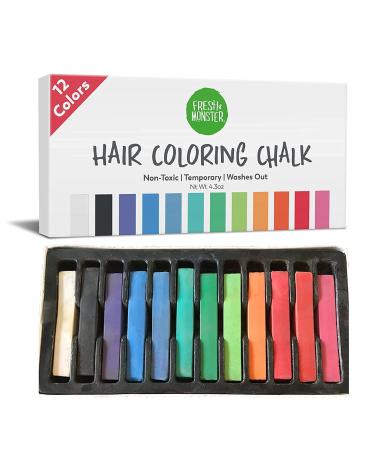 Fresh Monster Temporary Hair Coloring Chalk 12 Bright Colors Washes Out Easily Girls and Boys Non-Toxic and Safe for All Ages, Hair Colors and Textures Great Gift Idea