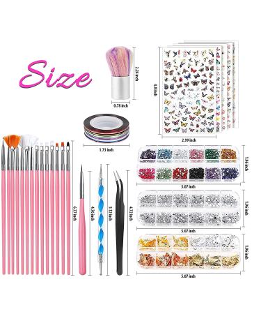 Teenitor Nail Art Brush Set with Dotting Tools, Foil Flakes, Striping Tape, Stickers, Rhinestones & Tweezers - Pink - Buy Online on GoSupps.com