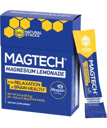 MagTech Magnesium Lemonade Drink Mix - Chelated Magnesium Complex - 3 Forms of Magnesium: Magtein Magnesium L-Threonate, Glycinate & Taurate - Supports Relaxation & Brain Health, 20 Stick Packs