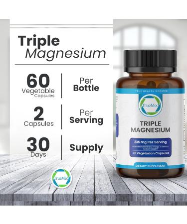 Truemed Triple Magnesium Complex Supplement 235mg with Magnesium Citrate Malate & Lysinate Chelate | Magnesium Supplement for Sleep Muscle Relaxation Energy & Nerve Support | 60 Capsules USA Made - Buy Online on GoSupps.com