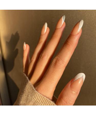Novo Ovo Oval Almond Press-On Nails | Silver Glitter French Tip | Short/Medium Length Artificial Fingernails with Glue - Buy Online on GoSupps.com