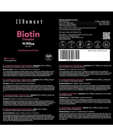 Biotin 10000mcg with Selenium and Zinc 365 Tablets | Stimulates Skin Hair & Nail Growth | Vegan Preservative Free Allergen-Free Non-GMO | Zenement - Buy Online on GoSupps.com