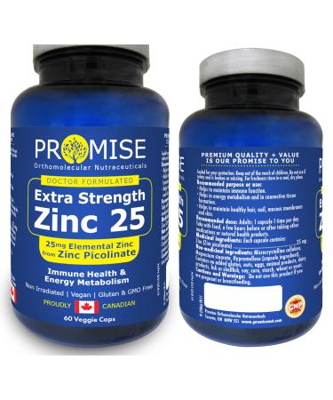 60vcaps ZINC PICOLINATE High Potency 25mg for Healthy Skin & Eyes Energy Metabolism Immune System & Antioxidant Support Optimal Zinc Absorption Made In Canada