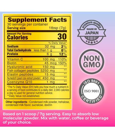 FINE JAPAN Premium Marine Collagen Powder with Hyaluronic Acid, CoQ10 & Elastin - Non-GMO - 30 Servings (210g / 7.4oz) Made in Japan - Buy Online on GoSupps.com