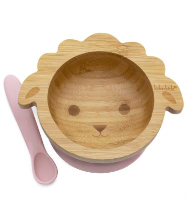 Koko Kids Lamb Bamboo Suction Cup and Silicone Spoon Baby and Toddler Feeding Bowl with Strong Suction Cup (Pink) Rose