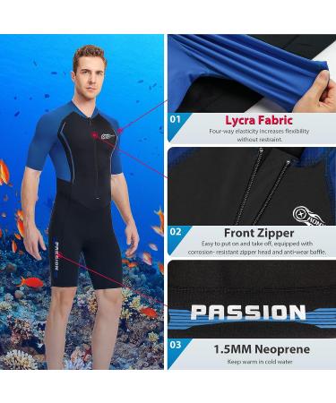 Lycra & 1.5MM Neoprene Front Zip Shorty Wetsuit by AONYIYI - Blue Large | Plus Size for Women & Men | Ideal for Swimming, Scuba Diving, Surfing | Spring/Summer Wetsuit - Buy Online on GoSupps.com