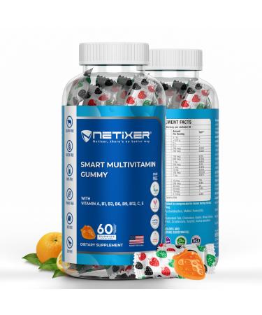 nETiXER Multivitamin Gummies 60 Vegan Berry Gummies with Vitamins A, C, D, E, B12, Biotin, Zinc, Iodine Gelatin-Free, Gluten-Free, Non-GMO No Artificial Colors or Flavors | Individually Wrapped