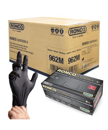 Ronco Sentron6 Medium Size Black Disposable Nitrile Gloves Heavy Duty Powder-Free Industrial Grade 6 MIL Thickness Textured Case of 10 Packs (1000 Gloves)