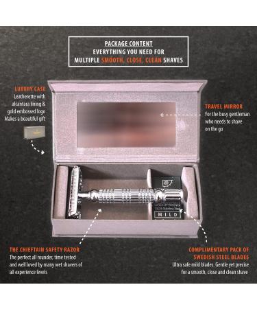 VIKINGS BLADE The Chieftain Double Edge Safety Razor with Swedish Steel Blades Pack - Heavy Duty, Twist to Open, Reduces Razor Burn - Luxury Case Included - Buy Online on GoSupps.com