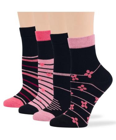 Women's Cotton Diabetic Quarter Novelty Socks - 4 Pack Large-Loose- Heart Stripe Flower - Sock Size 10-12 Shoe Size 8-12 L Black Pink Salmon 8-12 Black Pink Salmon (A090)