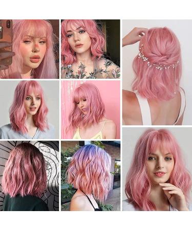 Oefei 14 Inch Short Wavy Pink Bob Wig - Heat-Resistant Synthetic Hair for Cosplay & Daily Use - Perfect for Parties - Buy Online on GoSupps.com
