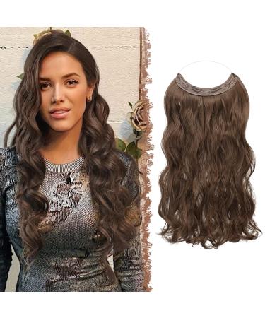 Feshfen Invisible Hair Extensions Secrets Hair extensions with wire dark brown & red-brown synthetically adjustable curly hair Long wavy secret hair part for women 45cm 45 cm-h01 dark brown & red-brown h01