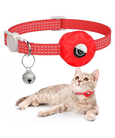 For Airtag cat neck band integrated reflective kitten neck band with Airtag holder puppy cat neck band with bell light tracker cats collars for girls young cats red bell-red