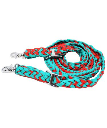 CHALLENGER Horse Western Nylon Braided Barrel Knotted Reins Teal Red 60792