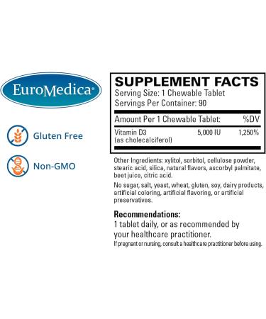 Euromedica Vitamin D3 5000 IU Chewable Tablets - Mixed Berry Flavor - 90 Servings for Strong Bones, Immune Support & Overall Health - Buy Online on GoSupps.com