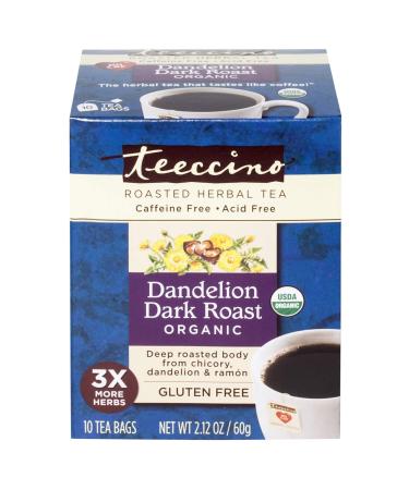 Teeccino Roasted Herbal Tea Dandelion Dark Roast Organic Caffeine Free 10 Tea Bags 2.12 oz (60 g)