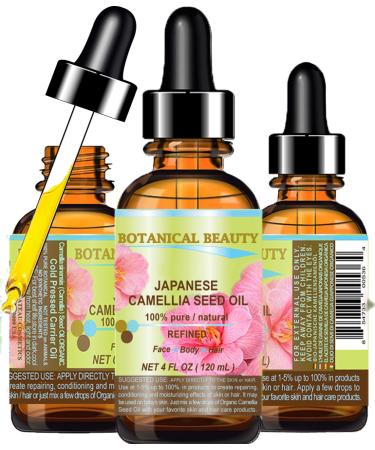Japanese CAMELLIA Seed Oil. 100% Pure Natural Undiluted Refined Cold Pressed Carrier Oil to revitalize and rejuvenate the hair skin and nails. 4 Fl. oz 120 ml.by Botanical Beauty