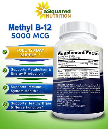 Max Strength Vitamin B12 - 5000 MCG with Methylcobalamin - Energy Boost & Brain Support - 120 Tablets - Buy Online on GoSupps.com