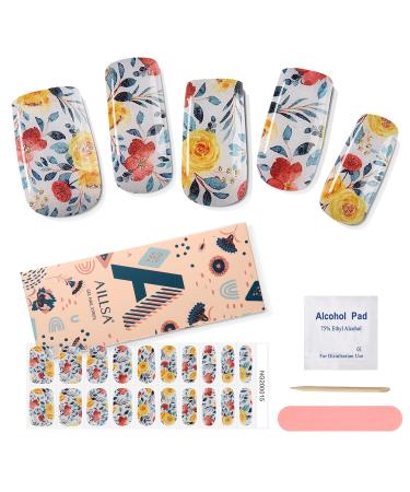 AILLSA Gel Nail Strips, Secret Garden Semi Cured Gel Nail Strips, Gel Nail Stickers Full Nail Wraps, Long Lasting,Safe & Easy to Use, Flower Gel Nail Polish Strips for Women 20pcs, Includes Cleaning Pad, Nail File,Wooden S…