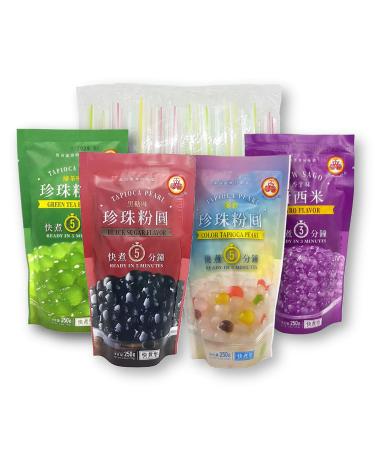 4-Pack WuFuYuan Boba Tapioca Pearls 4 Varieties Bundle with 1 Pk of 50 Boba Wide Straws Individually Wrapped Bubble Tea Ingredients