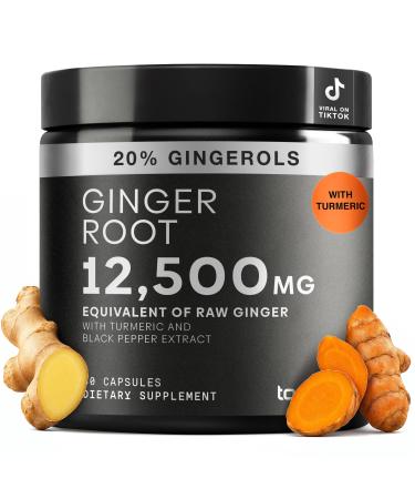 Toniiq Ginger Root Capsules Ultra High Potency 25:1 Extract with 20% Gingerols with Curcumin & Black Pepper for Synergy Lab Tested 60 Capsules 60 Count (Pack of 1)