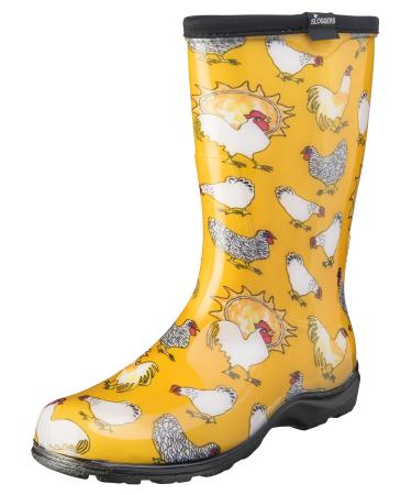 Sloggers Waterproof Garden Rain Boots for Women - Cute Mid-Calf Mud & Muck Boots with Premium Comfort Support Insole Chickens Daffodil Yellow 8