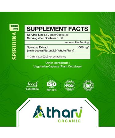 ATHARV ORGANIC Spirulina Supplement 1000mg | 120 Vegan Capsules | Rich in Natural Nutrients | Non-GMO & Gluten-Free | Daily Wellness Support - Buy Online on GoSupps.com
