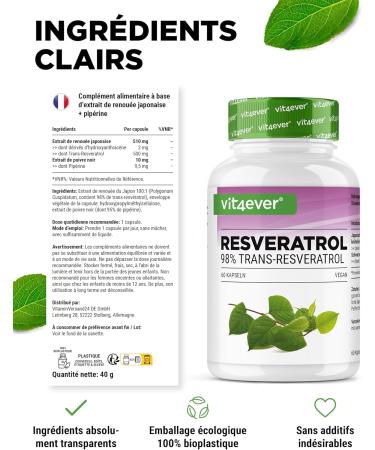 Resv ratrol - 520 mg par g lule - 98% trans-resv ratrol de l'extrait de racine de renou e du Japon 100:1 + pip rine pour une biodisponibilit optimis e - 60 g lules - Hautement dos - Vegan - Buy Online on GoSupps.com