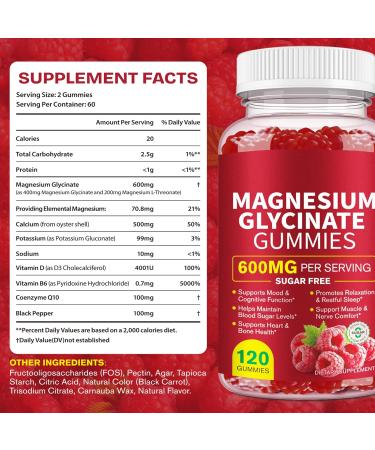 Magnesium Glycinate Gummies 600mg Sugar-Free High Absorption Magnesium with L-Threonate Supports Relaxation Calm & Restful Sleep with Vitamin B6 & D3 120 Berry-Flavor Gummies - Buy Online on GoSupps.com