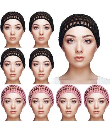9 Pieces Mesh Crochet Hair Net Rayon Knit Snood Hat Thick Short Women Hairnet Snoods Cover Ornament for Sleeping (Black  Pink)