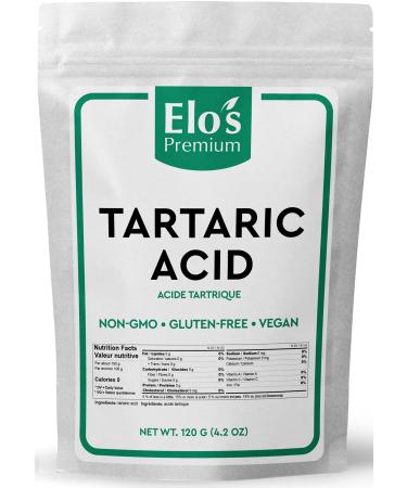 Tartaric acid (120g) by Elo s Premium |100% All-Natural Food Grade Food Additive & Antioxidant| Packed In Canada| Non-GMO Kosher and Halal Friendly Gluten Free| Used As An Acidulant In Grape/Lime Drinks Gelatin Desserts Jams Sour Candy and More