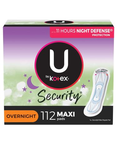 U by Kotex Security Maxi Feminine Pads, Overnight Absorbency, Unscented, 112 Count (4 Packs of 28) (Packaging May Vary) Non-Winged (112 Count)