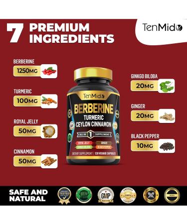 Tenmido Berberine Supplement - 7in1 Formula - Combine with Turmeric Royal Jelly Ceylon Cinnamon Ginkgo Biloba Ginger & Black Pepper - Digestive Health Immune Support - 120 Capsules - Buy Online on GoSupps.com