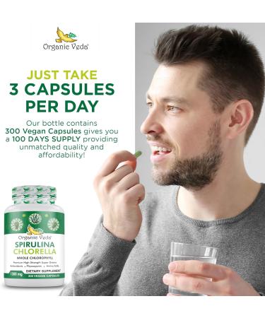 Organic Veda Spirulina & Chlorella Capsules 1500mg 300 Count - Spirulina Chlorella Capsules with Super Green Antioxidants Phycocyanin Amino Acid - Boost Immunity Energy Support Digestion - Buy Online on GoSupps.com