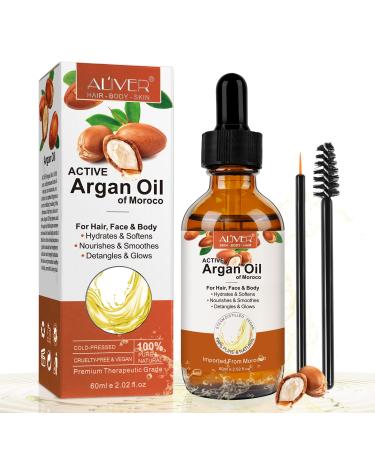 Organic Argan Oil 100% Organic & Pure Argan Oil for Hair Face &Body 60ml with Eyebrow&Eyeliner Brushes Rich in Vitamin E for Skin Hair & Nails |Damaged Hair | Nourishes And Moisturises Dry Hair
