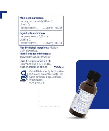 Pure Encapsulations Vitamin D3 Liquid - 1000 IU Liquid Vitamin D3 - For Healthy Bones & Immune Support - Gluten Free & Vegetarian - 22.5 mL - Buy Online on GoSupps.com