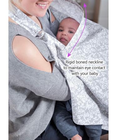 Grey Damask Adjustable Strap Breastfeeding Cover - Breathable Cotton - Boned Nursing Cover with Storage Bag & Towel Corners - Buy Online on GoSupps.com