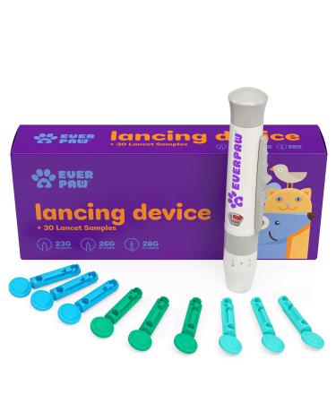 EverPaw Lancing Device Starter Kit + 30 Lancets for Diabetes Testing | Adjustable Lancing Device for Dogs and Cats| 30 Blood Glucose Lancets (10) 23g  (10) 26g and (10) 28g Lancets for Pets