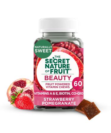 The Secret Nature of Fruit Beauty Chews Real Fruit Powered Vitamin Chews with Vitamins A & E Biotin CoQ10 Strawberry & Pomegranate for Healthy Hair Skin & Nails Gummy (60 Count)
