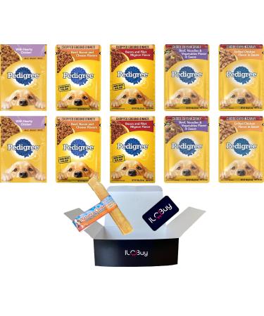 Pedigree Dog Food Wet Bundle , Chopped Ground Dinner and Choice cuts in Gravy. Variety Pack Includes 10 Pouches in Total, 05 Flavors(02 Each Flavor).Plus a Natures Choice Stick and 1 ILC Buy Magnet.