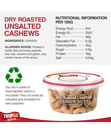 Tropgo Roasted Unsalted Cashews 180g Tub - Cashew Nuts in Resealable and Recyclable Tub - Wholesome Trail Mix with Fibre Protein and Essential Minerals - Healthy Snacks for All Ages - Buy Online on GoSupps.com