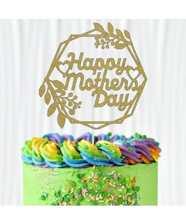 WedDecor Happy Mothers day Light Gold Glitter Cake Topper Hexagon Love Heart Best Mom Cake Picks For Mother's Day Celebration Cake Decoration Theme Party Supplies Happy Mothers Day - Hexagon Light Gold