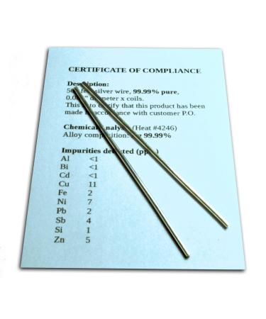 Colloidal Silver Generator Wire Guaranteed 99.99% Pure - Set of (2) 4" Electrode Rods 12-Gauge (0.08 in. / 2.06 mm) with Certificate of Compliance/Complete Chemical Analysis of Alloy Composition