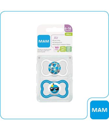 MAM Air Silicone Pacifier Set of 2 - Extra Light & Tooth-Friendly | 6-16 Months | Blue Smiley Design with Pacifier Box - Buy Online on GoSupps.com