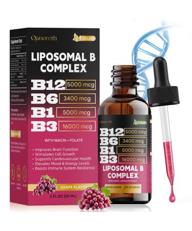 Liposomal Vitamin B12 Sublingual Methylcobalamin Vitamin B Complex Liquid Drops with B6 B1 & B3 Fast Absorption B12 Vitamins for Energy Focus Brain & Heart Support Organic Non-GMO 2 fl oz