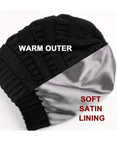 Womens Satin Lined Cable Knit Winter Beanie Hat - Soft Slouchy Black Cap for Men and Women - Buy Online on GoSupps.com