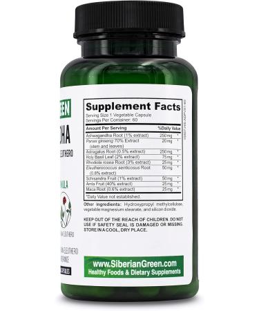 Siberian Green Organic Ashwagandha Root with Astragalus & Siberian Eleuthero Ginseng Complex 60 Capsules Powerful Herbal Support - Buy Online on GoSupps.com