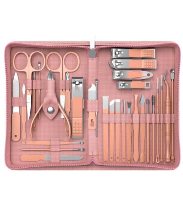 Tseifry Manicure Nail Clippers Set - 31Pcs Stainless Steel Manicure Nail Clippers Pedicure Kit, Professional Grooming Kit, with Luxurious Travel Case (Pink)